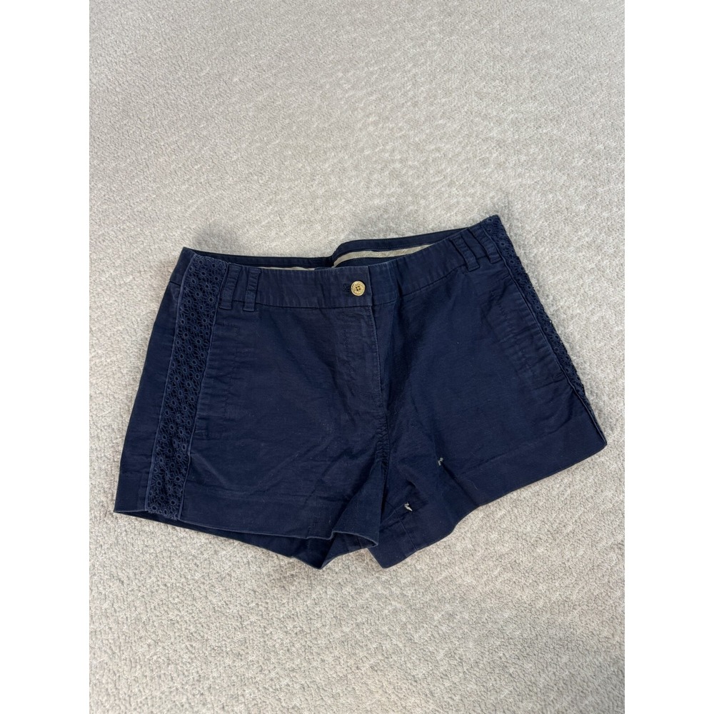 Tory Burch‎ Womens Soft Deep Blue Chino Shorts Crocheted Sides Cotton Size 6